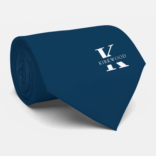 Prussian Blue | Elegant Monogram + Name  One-Sided Tie (Rolled)