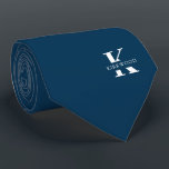Prussian Blue Elegant Monogram   Name | Two-Sided Tie<br><div class="desc">An elegant necktie featuring a bold white monogram across a deep Prussian Blue background. On top of this monogram sits your first or last name spelled out in all capitals. If you prefer a bolder look for the personal name inside of the large letter you can do the following: Use...</div>