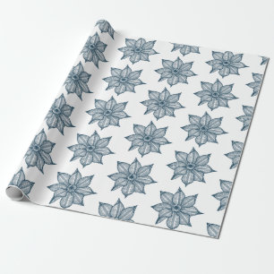 Prussian Blue on White Sketchy Flowers Wrapping Paper