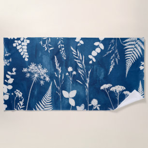 Prussian Indigo Blue Cyanotype Fern Botanical Art Beach Towel