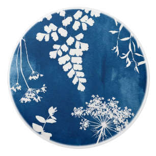 Prussian Indigo Blue Cyanotype Fern Botanical Art Ceramic Knob