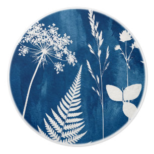 Prussian Indigo Blue Cyanotype Fern Botanical Art Ceramic Knob