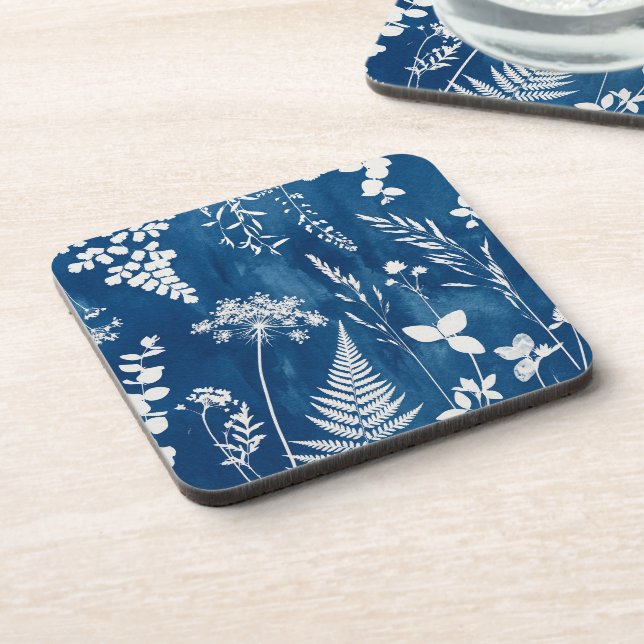 Prussian Indigo Blue Cyanotype Fern Botanical Art Coaster (Left Side)