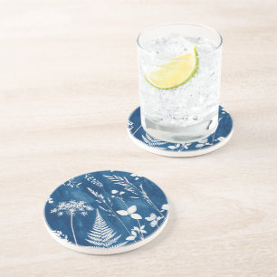Prussian Indigo Blue Cyanotype Fern Botanical Art Coaster