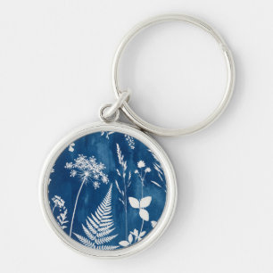 Prussian Indigo Blue Cyanotype Fern Botanical Art Key Ring