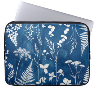 Prussian Indigo Blue Cyanotype Fern Botanical Art Laptop Sleeve