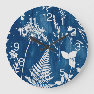 Prussian Indigo Blue Cyanotype Fern Botanical Art Large Clock