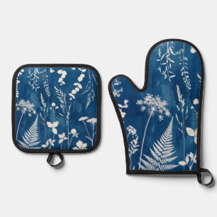 Prussian Indigo Blue Cyanotype Fern Botanical Art Oven Mitt & Pot Holder Set