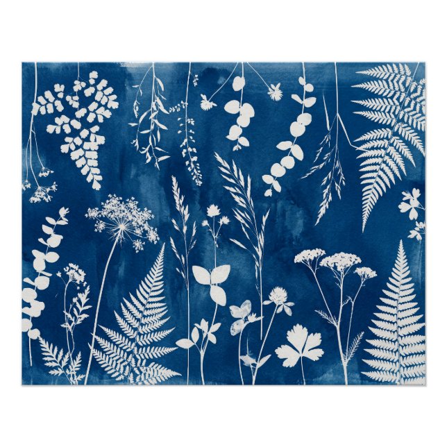 Prussian Indigo Blue Cyanotype Fern Botanical Art Poster (Front)