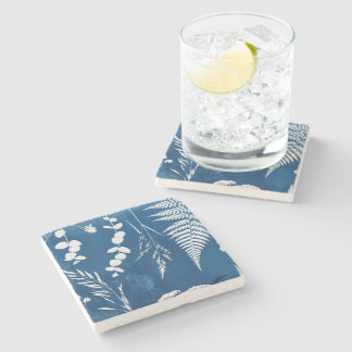 Prussian Indigo Blue Cyanotype Fern Botanical Art Stone Coaster