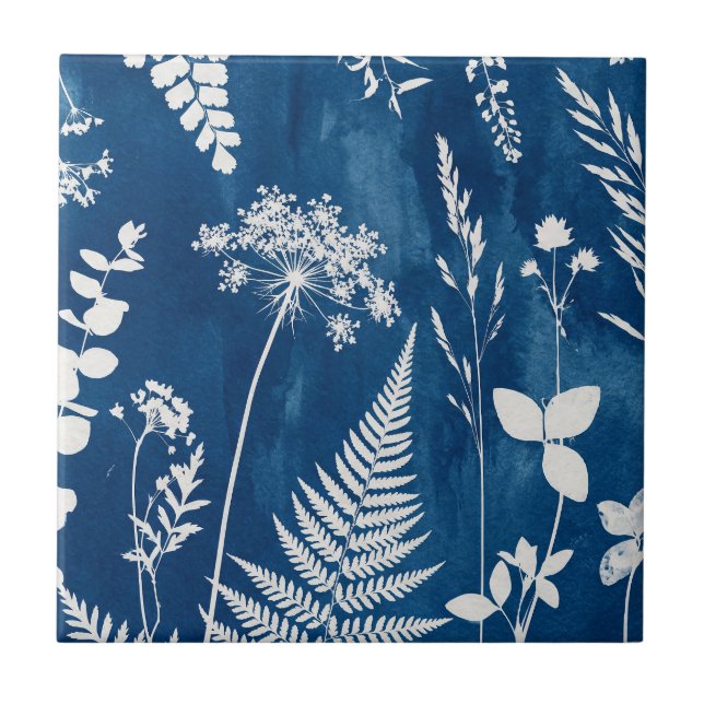 Prussian Indigo Blue Cyanotype Fern Botanical Art Tile (Front)