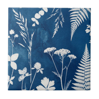 Prussian Indigo Blue Cyanotype Fern Botanical Art Tile