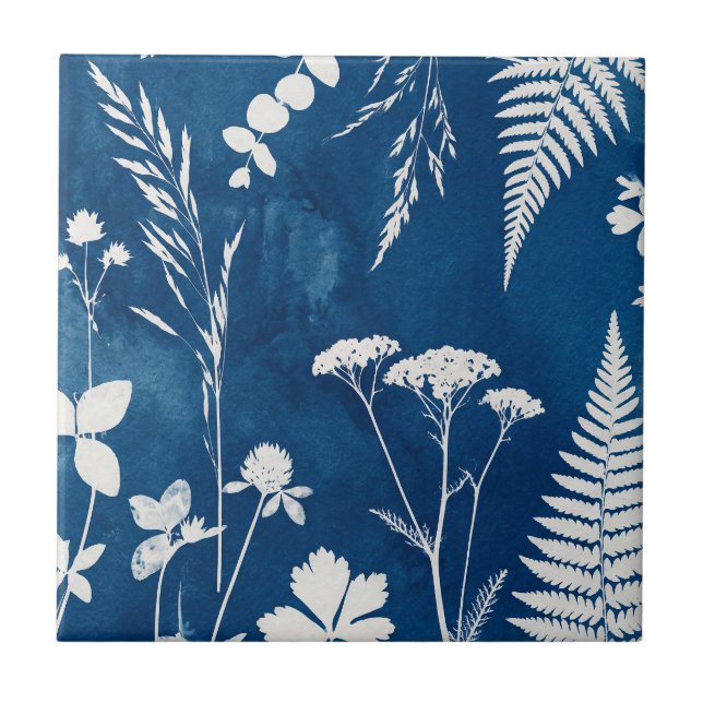 Prussian Indigo Blue Cyanotype Fern Botanical Art Tile (Front)