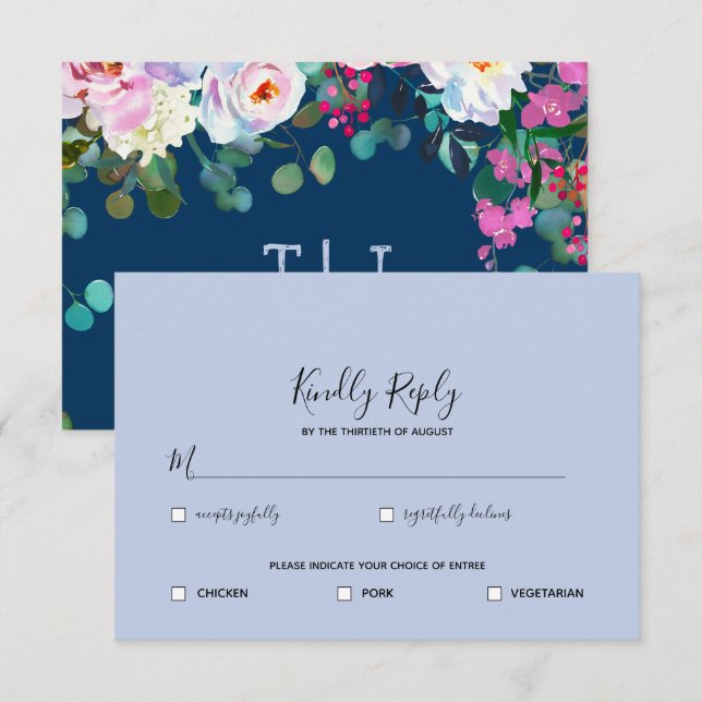 Prussian + Periwinkle Blu Watercolor Floral RSVP Invitation (Front/Back)