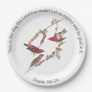 Psalm 118:24 and Three Red Birds Classic Round Sti Paper Plate
