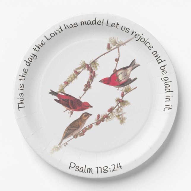 Psalm 118:24 and Three Red Birds Classic Round Sti Paper Plate (Front)