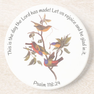 Psalm 118:24 Bible Verse and Painted Bunting Birds Coaster