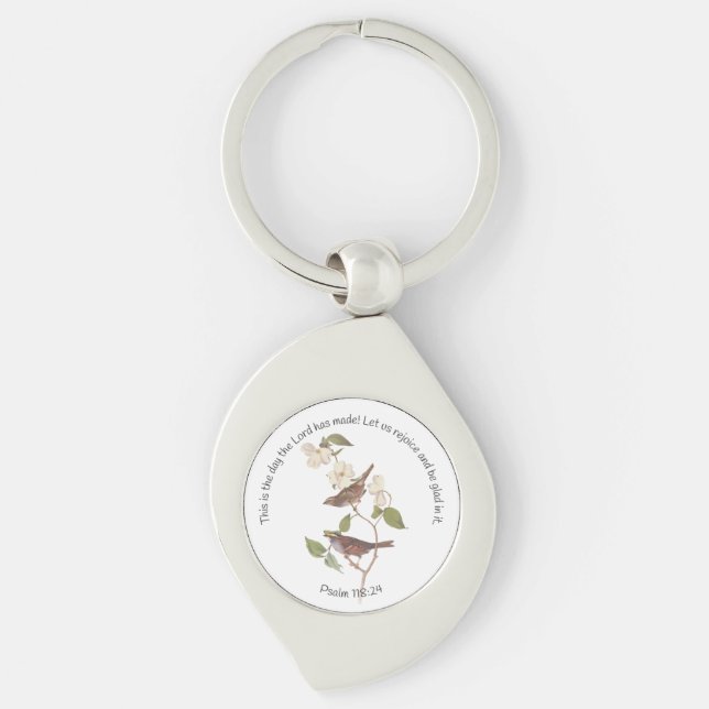 Psalm 118:24 Bible Verse and Sparrow Pair Key Ring (Front)