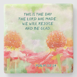 Psalm 118:24 This is the Day, Watercolor flowers Stone Coaster
