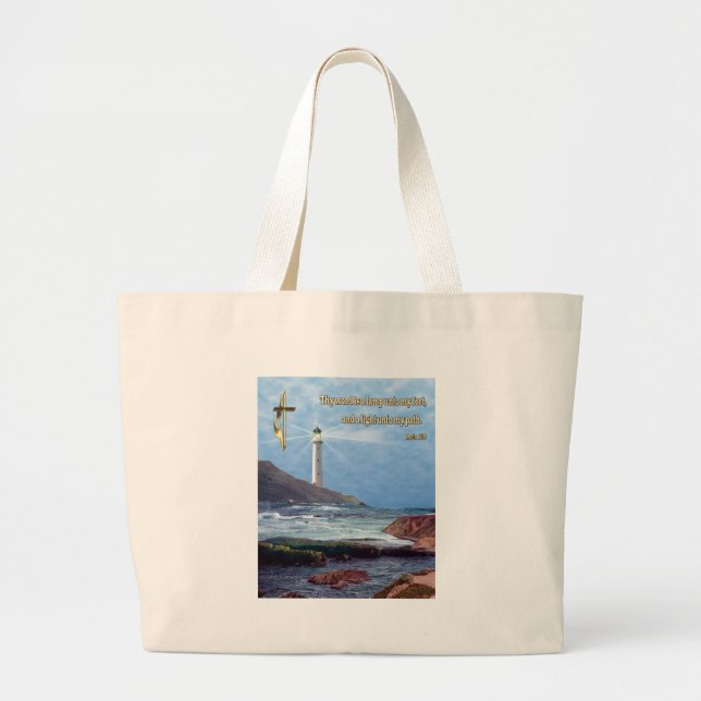 Psalm 119  Christian lighthouse gifts Large Tote Bag (Front)
