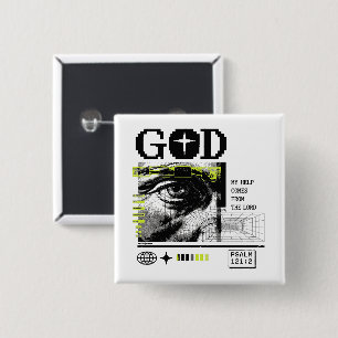 Psalm 121:2 Neon Lime Eye Of God CRT Glitch Art 15 Cm Square Badge