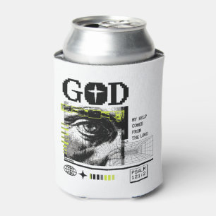 Psalm 121:2 Neon Lime Eye Of God CRT Glitch Art Can Cooler