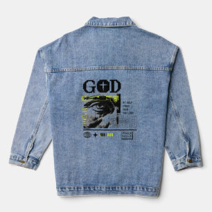 Psalm 121:2 Neon Lime Eye Of God CRT Glitch Art Denim Jacket