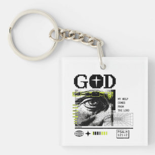 Psalm 121:2 Neon Lime Eye Of God CRT Glitch Art Key Ring
