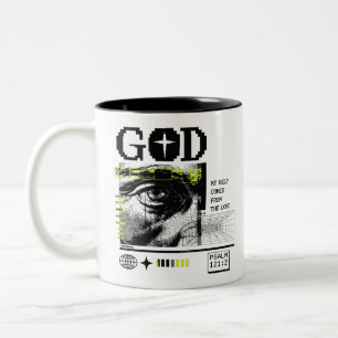 Psalm 121:2 Neon Lime Eye Of God CRT Glitch Art Two-Tone Coffee Mug