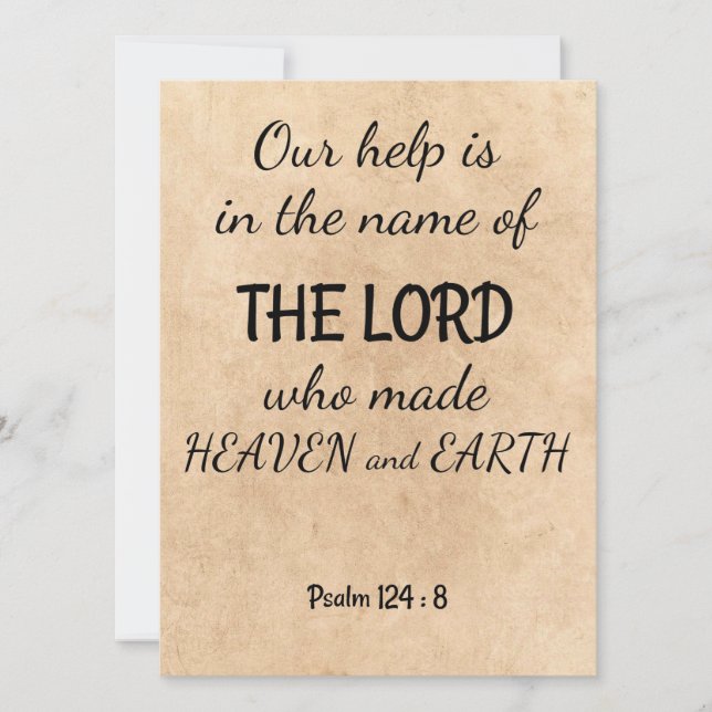 Psalm 124:8 on a bible-style greeting card (Front)