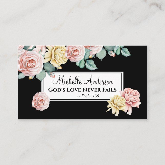 Psalm 136 God's Love Never Fails, Beautiful Floral Business Card (Front)