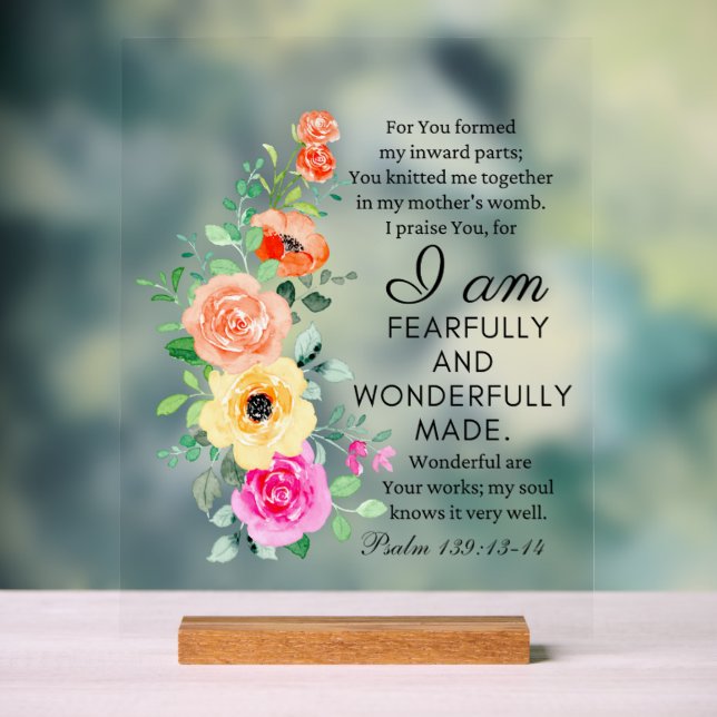 Psalm 139:13-14 Wonderfully Made Floral Christian Acrylic Sign (Neutral)