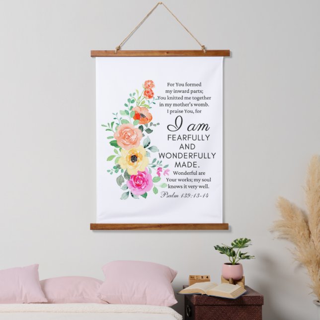 Psalm 139:13-14 Wonderfully Made Floral Christian Hanging Tapestry (Bedroom)
