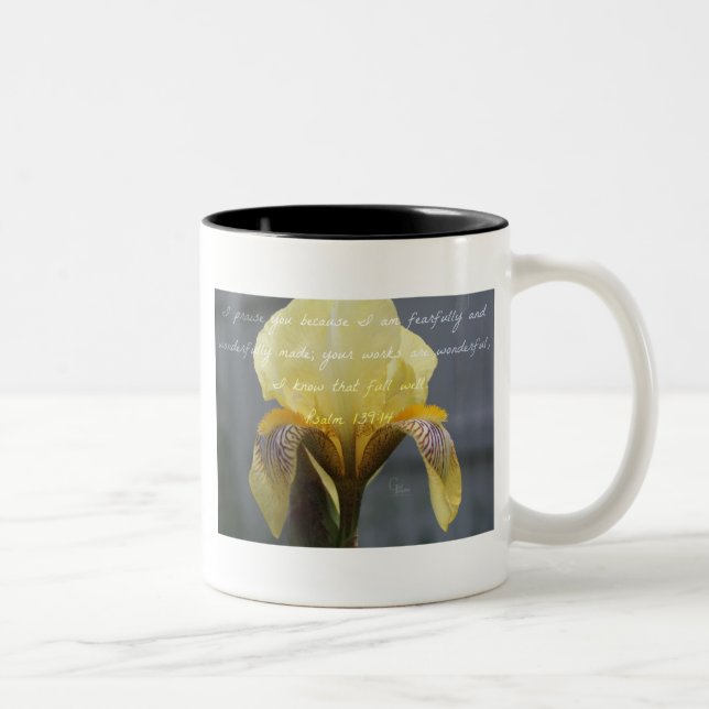 Psalm 139:14 Yellow Zebra Iris Two-Tone Coffee Mug (Right)