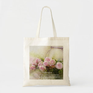 Psalm 147:11, Bible Verse, Basket of Pink Roses, Tote Bag