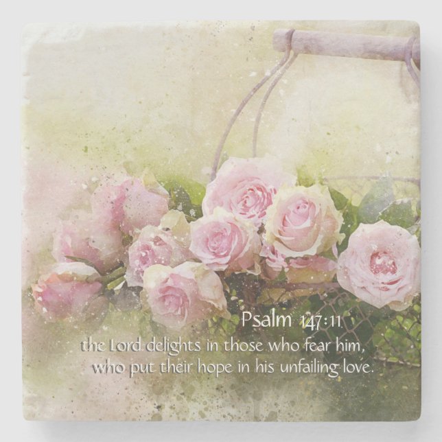 Psalm 147:11 Inspiring Bible Verse Pink Roses Stone Coaster (Front)