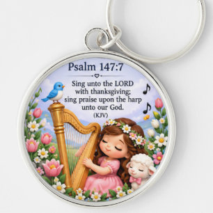 Psalm 147:7 Christian Harp Music Floral Keychain