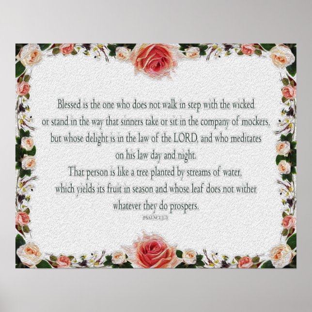 Psalm 1 Art - Blessed Righteous with Floral Design Poster (Front)