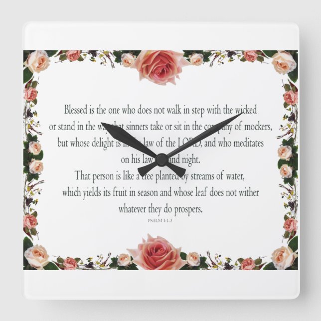 Psalm 1, Flower borders Colorful Square Wall Clock (Front)