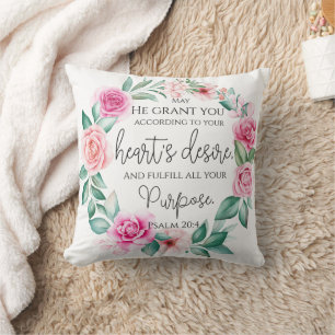 Psalm 20:4 Christian Bible Verse Pink Floral Cushion