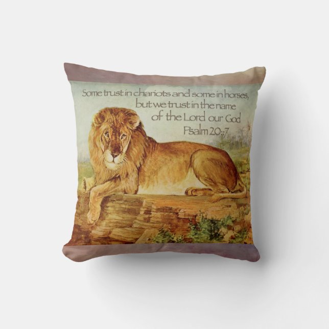 Psalm 20:7 Christian Lion Bible Verse Cushion (Front)