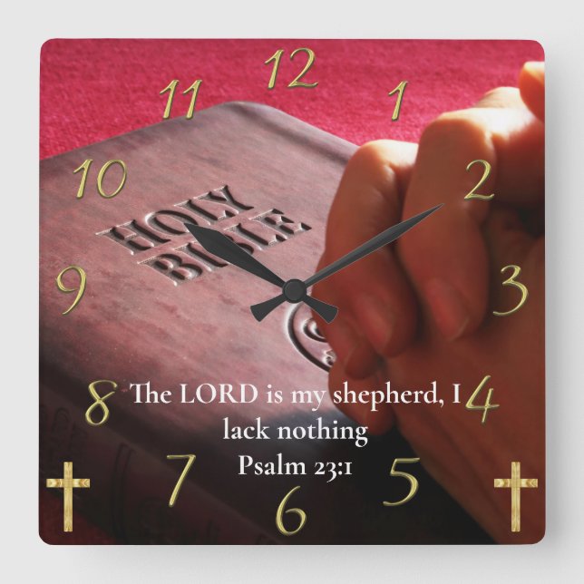 Psalm 23:1 holy bible with hands square wall clock (Front)