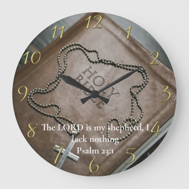 Psalm 23:1 Holy Bible with silver cross on it  Large Clock (Front)