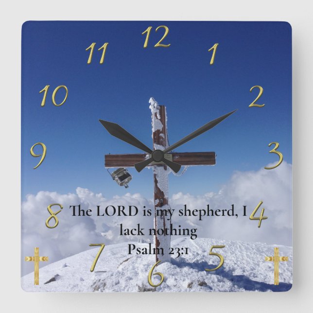 Psalm 23:1 moutain peak cross  square wall clock (Front)