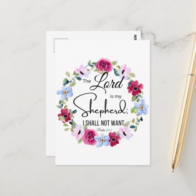 Psalm 23:1 The Lord is my Shepherd Floral Bible Postcard (Front/Back In Situ)