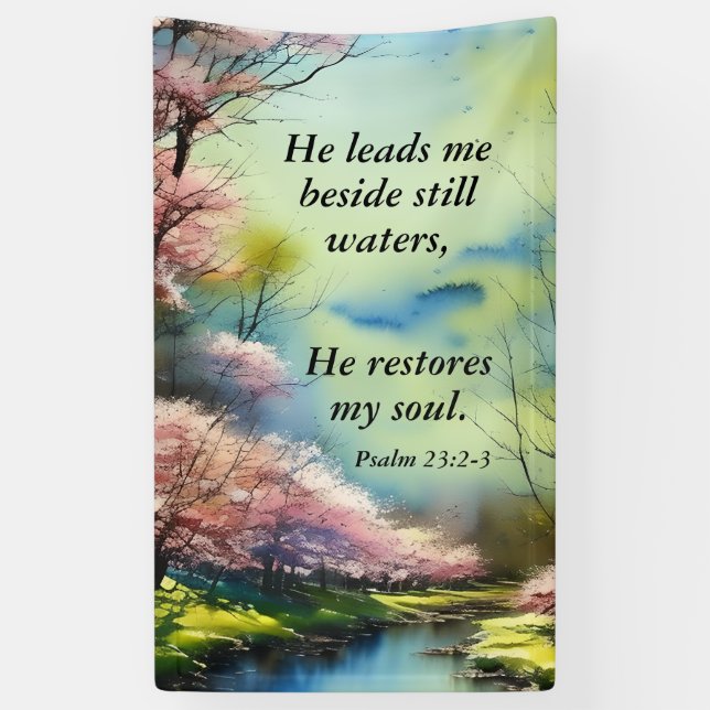 Psalm 23:2-3 He restores my soul Bible Verse  Banner (Vertical)