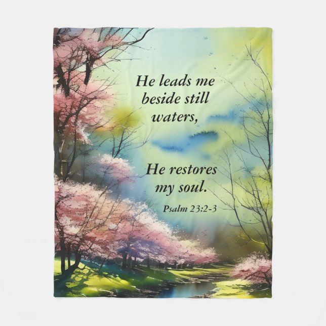Psalm 23:2-3 He restores my soul Bible Verse  Fleece Blanket (Front)