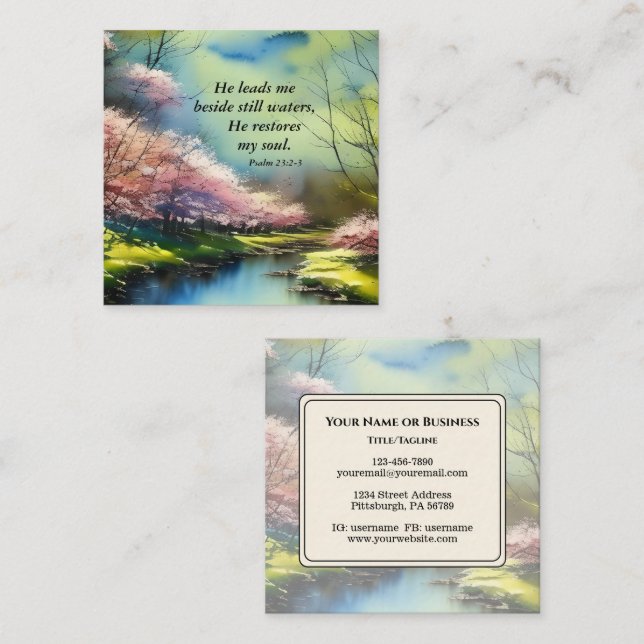 Psalm 23:2-3 He restores my soul Bible Verse  Square Business Card (Front/Back)