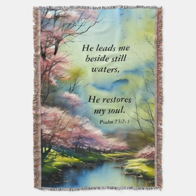 Psalm 23:2-3 He restores my soul Bible Verse  Throw Blanket (Front Vertical)