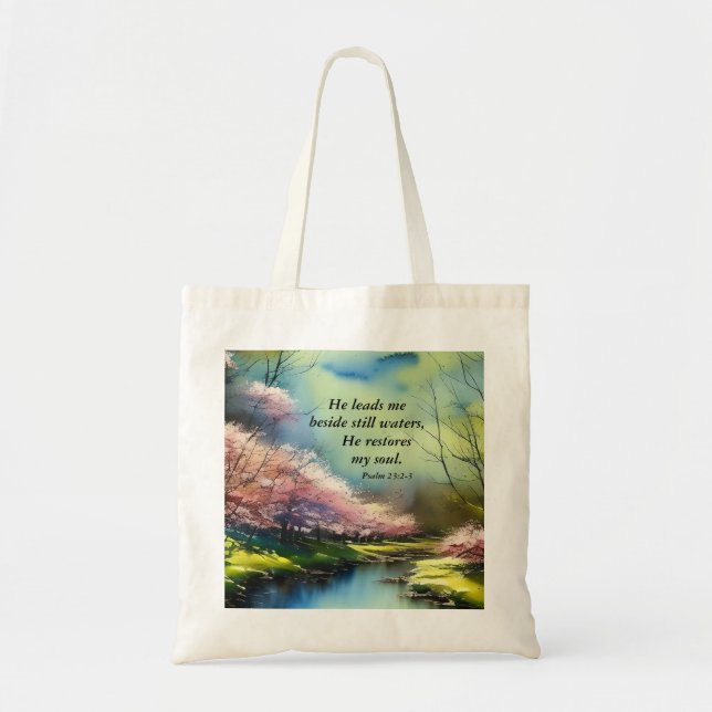 Psalm 23:2-3 He restores my soul Bible Verse Tote Bag (Front)